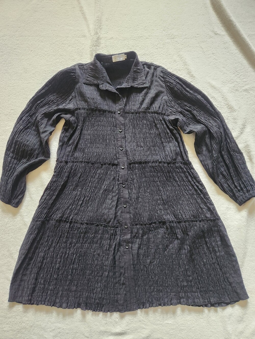 ASA Fashion Group BLACK Collared Tiered Crinkle Babydoll Dress Flowy Button Up